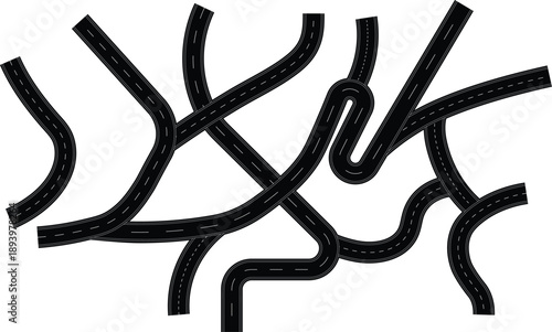 A tangled network of diverse road segments, forming a chaotic and complex web, ideal for symbolizing confusion, challenges, or urban sprawl.