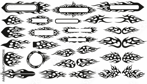 set of black flame design elements with blank labels for text  various shapes and sizes