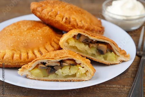 Fried pies and pies served as street food snack. Fast food and street cuisine concept.
