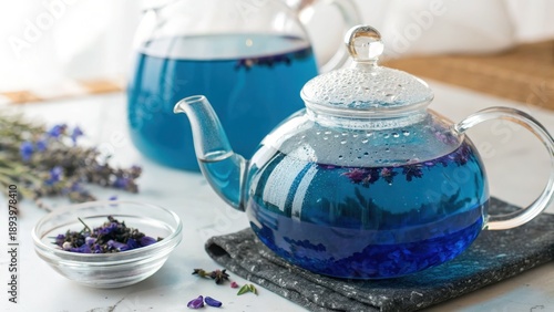 Refreshing Blue Herbal Tea in Glass Teapot and Pitcher with Flowers