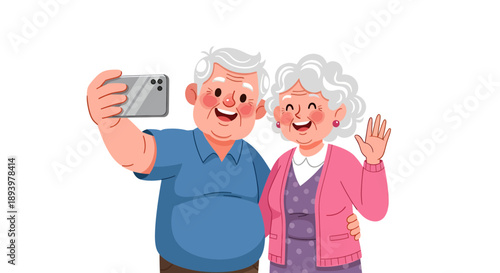 Adorable elderly couple capture joyful memories with a smartphone selfie illustration