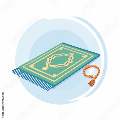 Islamic prayer mat and rosary beads, symbols of faith and devotion for Muslims worldwide