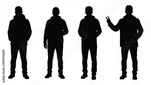 Four silhouetted figures of men in casual clothing standing in a row