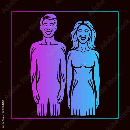 Happy People Illustration Featuring Man and Woman with Gradient Neon Outline, Modern Human Figures