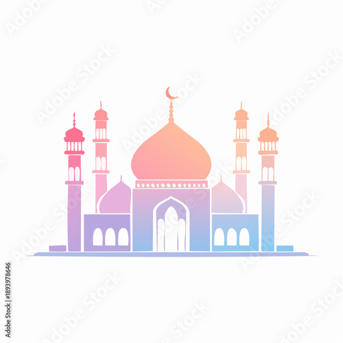 Stylized mosque illustration featuring a serene gradient of colors, symbolizing Islamic faith, cultural heritage, and architectural beauty in a modern design