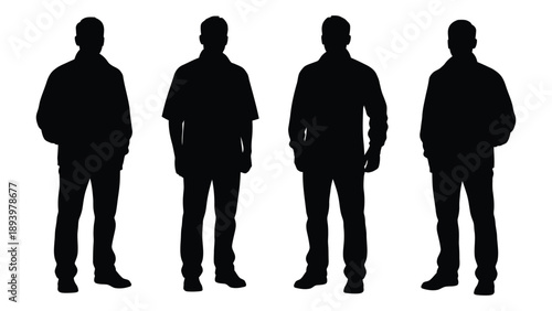 Four silhouetted men standing in a row facing forward against a white background