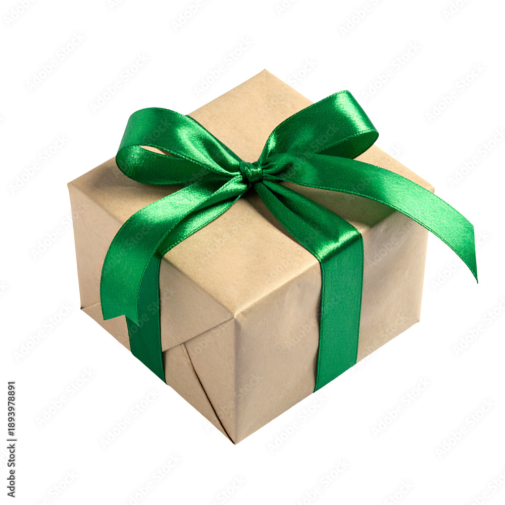 Obraz premium A neatly wrapped gift box with a green satin bow against a black background