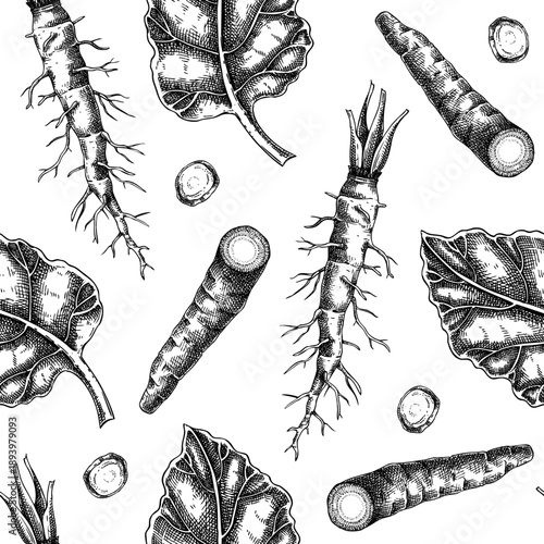 Hand drawn burdock vector illustrations. Root vegetable background. Medicinal plants seamless pattern for herbal medicine or food packaging design. NOT AI generated