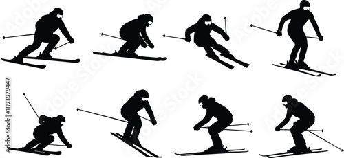 Alpine skiing silhouette set showing downhill skier action poses, winter sport movement, black isolated figures for sports illustration and outdoor design projects