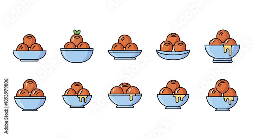 Gulab Jamun Indian Sweet Dessert Vector Icon Set Illustration