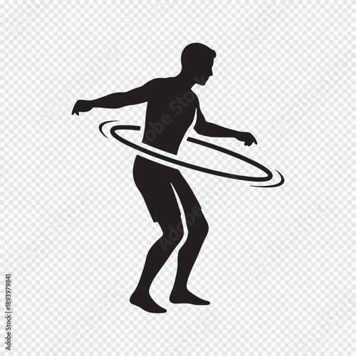 Vector icon of a man hula hooping, Simple black silhouette for fitness, fun, and healthy activity concepts.