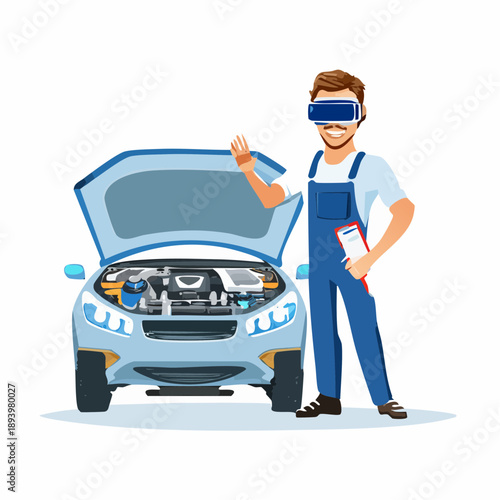 Mechanic wearing virtual reality headset working on car engine in garage