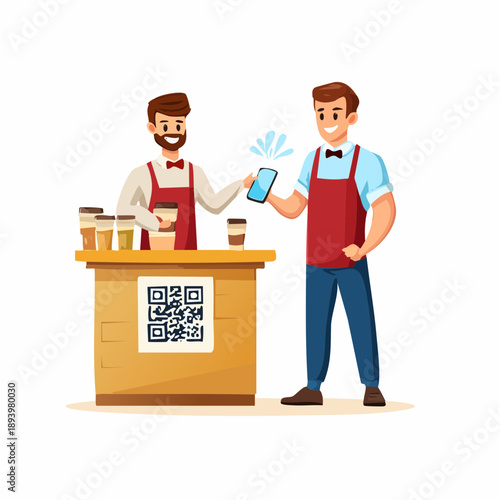 A barista and customer exchanging a mobile phone for a transaction at a coffee counter with a QR code.