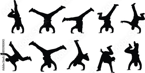 Breakdance dancer silhouettes set showing street dance, hip hop moves, acrobatic poses, black isolated figures for urban culture design and illustration