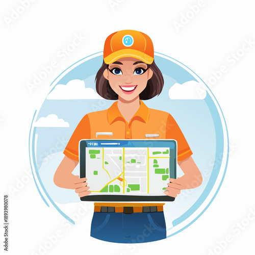 Cartoon delivery woman holding laptop with map, standing against a sky background with clouds, depicted from a front view