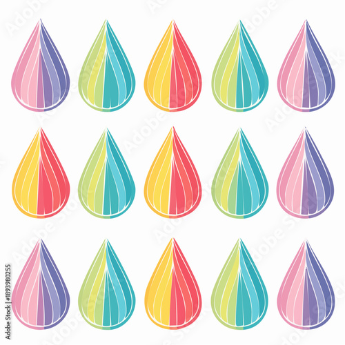 Multicolored water droplets arranged in a grid pattern on a clean white background from a straightforward viewpoint