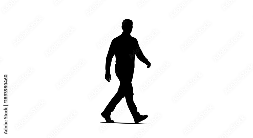 Fototapeta premium A man walks alone in a plain white background with his shadow underneath him