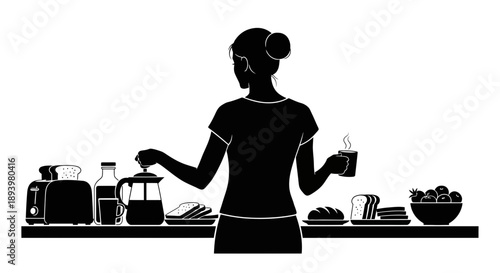 Woman pours coffee while holding cup in kitchen with breakfast foods on counter 
