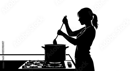 Woman cooks stirring pot on kitchen stove at home preparing  meal.
