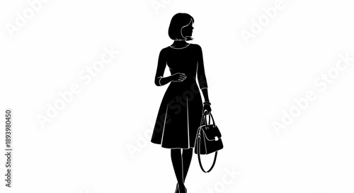 Woman in black dress walks with handbag outdoors in city