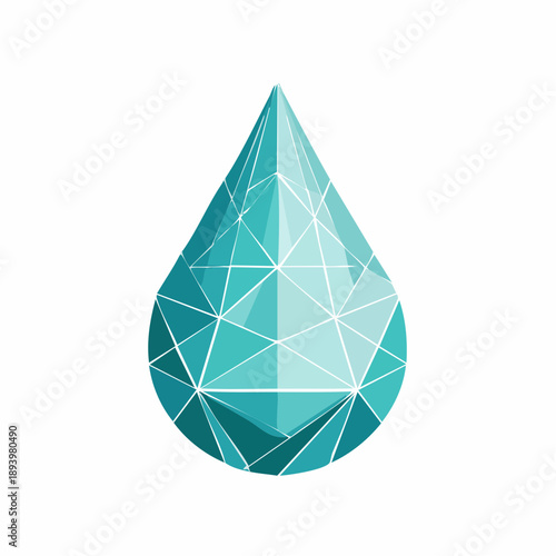 Geometric teal water droplet illustration with polygonal facets on a plain background viewed from the side