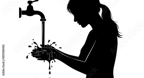 A woman washes her hands under a running faucet with water splashing 