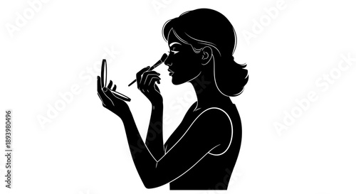 Woman applies makeup with brush in front of mirror 