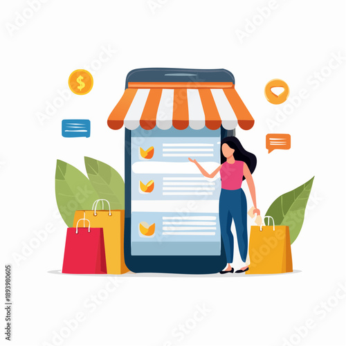 A young woman interacts with a giant smartphone displaying an online storefront with shopping bags nearby