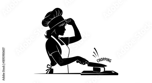 Woman chef chopping vegetables on cutting board in kitchen with frustration and concentration.