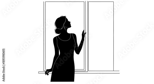 Woman in elegant dress stands by large window looking outside with hand raised