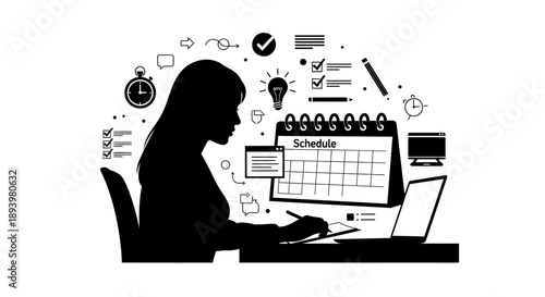 Woman sitting at desk planning schedule on calendar with laptop and icons around her