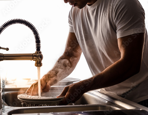A person washing dishes in a modern kitchen, steam rising from hot water, daily chores.