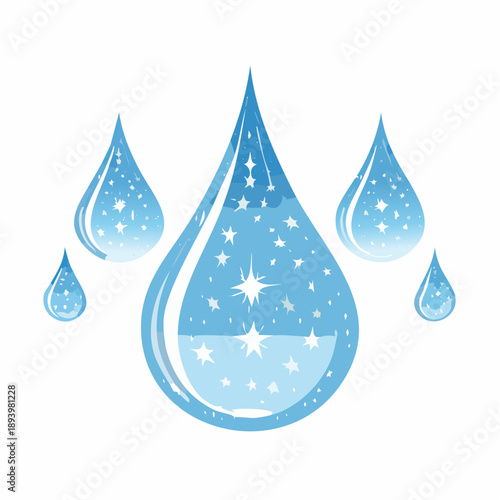 A serene illustration of droplets with stars inside, symbolizing purity and clarity, viewed from a straightforward perspective