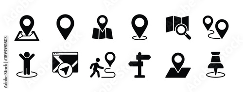 Location pin icons set in black isolated on white, representing navigation and map markers, travel and geographic symbols