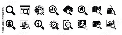 Magnifying glass icons set for search and analysis, business, technology, data, location, and shopping concepts, flat vector illustration