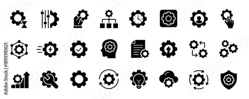 Engineering and industrial gears icons set with settings, process, performance, and automation for mechanical systems and industry
