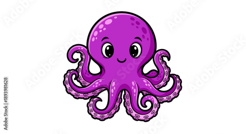 Animated purple octopus with big eyes and eight tentacles floating in white space