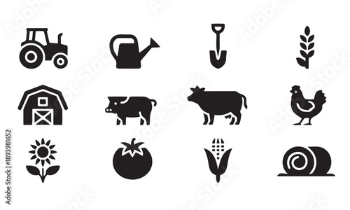 Farm and agriculture icon set with tractor watering can shovel wheat stalk barn pig cow chicken sunflower tomato corn and haystack symbols representing rural life and food production harvest