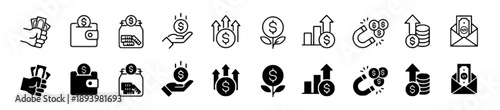 Finance and money icons with cash, wallet, coins, growth, and magnet for financial services and investment