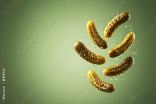 Green pickles are suspended in water droplets against a soft green background, highlighting their texture and freshness in a dynamic composition