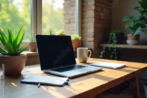 Wallpaper Mural A cozy home office setup with a laptop, notepad, and succulent plants for a productive remote work environment , telecommuting, freelance Torontodigital.ca