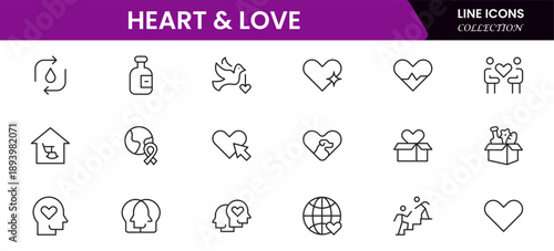 Heart, love, care, help, charity, and donation outline icons are set isolated on a white background in a flat vector illustration.