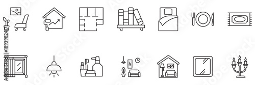 Collection of home decoration icon in line style. Modern home interior furniture. Containing chair, table, bookshelf, wardrobe, sofa, lamp, mirror and more. Minimalist household element modern style.