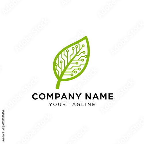 Green leaf logo with circuit lines.