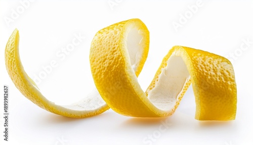 lemon peel curl isolated yellow zest spiral with white background