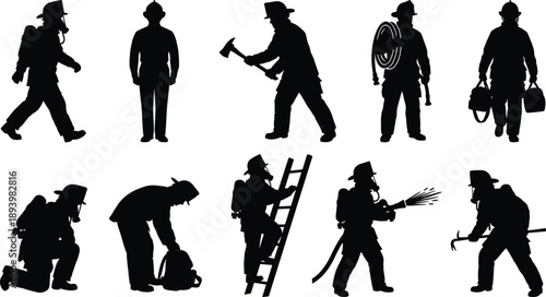 Firefighter silhouette set showing emergency response actions, fire rescue equipment poses, black isolated figures for safety illustration, training graphics, and occupational design