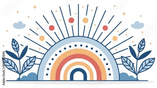 Vibrant rainbow landscape with sunny sky and leaves