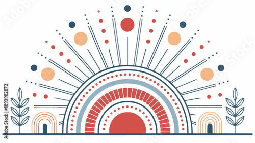 Vibrant sunrise with colorful rainbow and plants in modern design