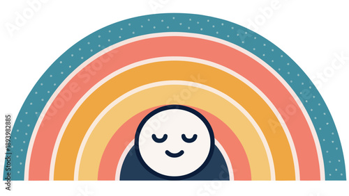 Smiling face under colorful rainbow with happy expression