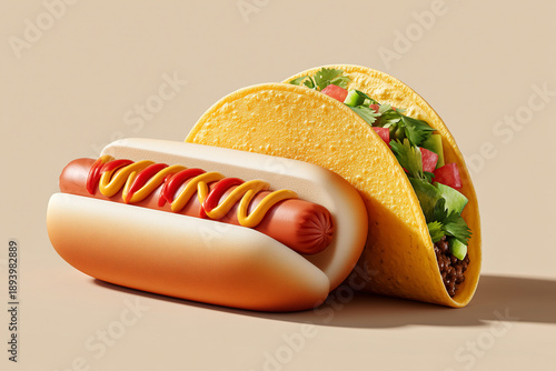 Two classic fast food items: tacos and hot dogs. The idea of ​​street food as a modern urban culture and pleasure without unnecessary rules.	